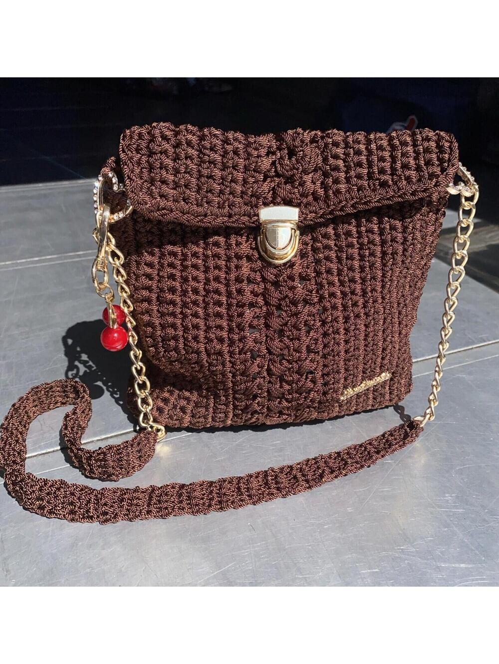 Handmade In Cabo Coffee Brown Crochet Purse W/ Gold Heart Chain & Cherry Charm